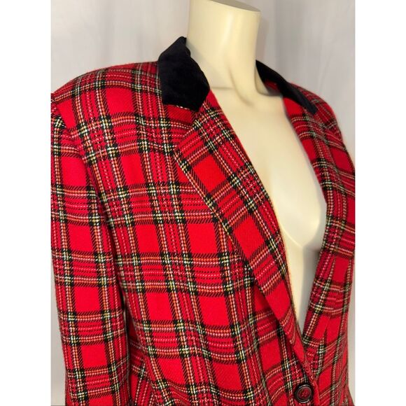 Vintage Sag Harbor Red Plaid Wool Blend Blazer with Black Velvet Collar – Size 1 - Picture 5 of 16